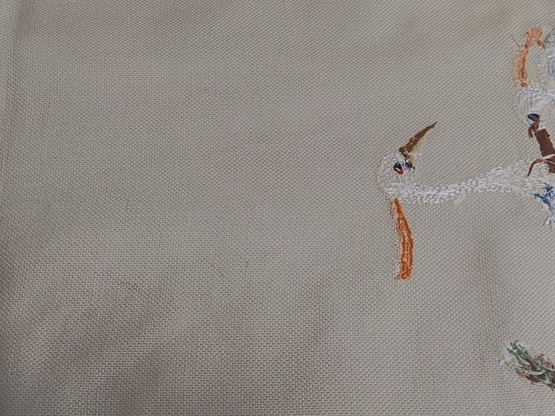 ハンドメイド アオサギ 手刺繍 手編みレース縁取り テーブルセンター