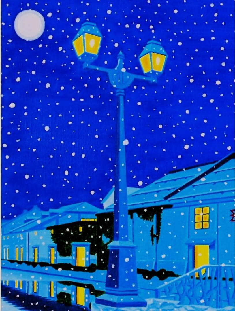 ★雪降る小樽運河・肉筆油彩画・F6キャンバス