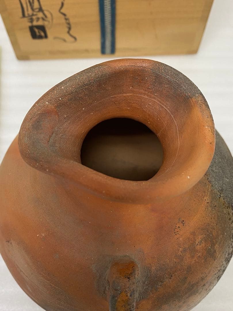 3-2580 那波鳳翔作 播州相生焼　双耳？　共箱共布 茶道具