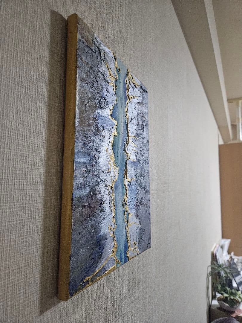 アートボード 抽象画「祈り」 青 グレー 金のアクセント