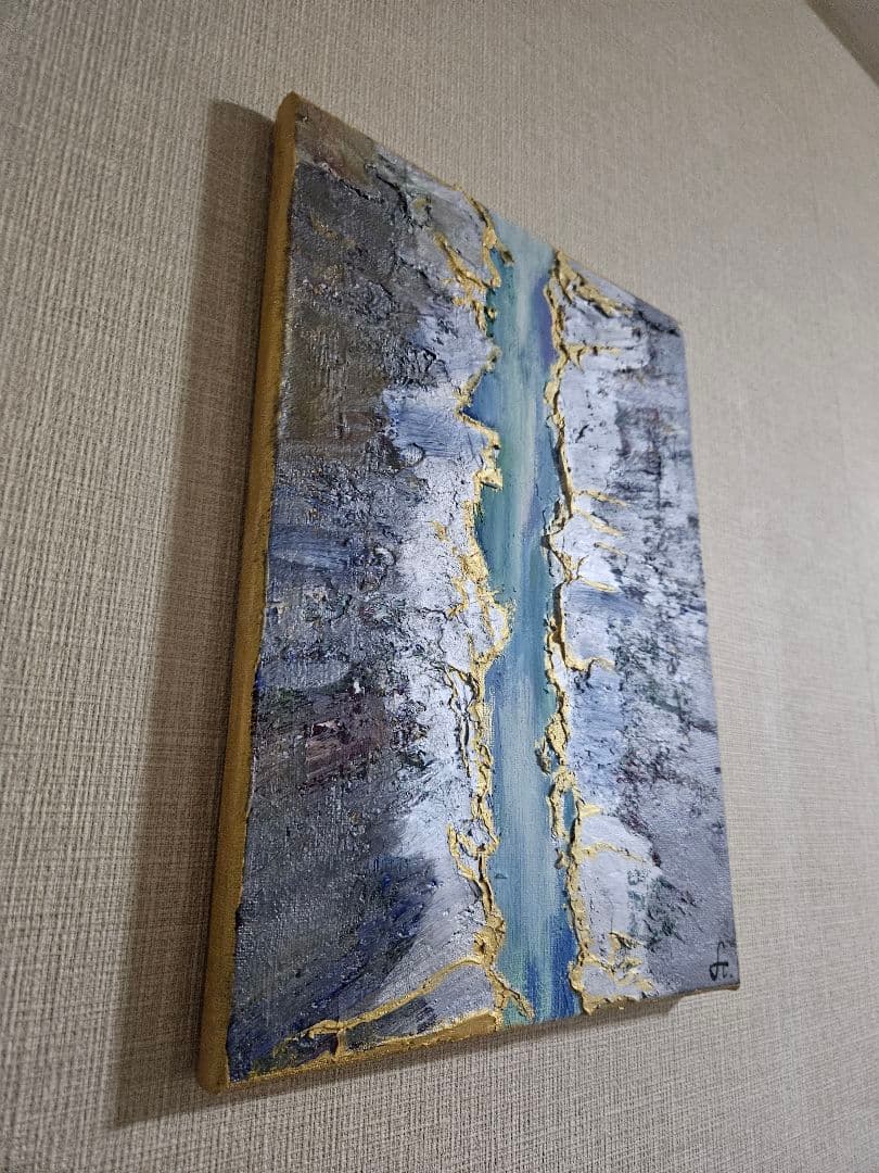 アートボード 抽象画「祈り」 青 グレー 金のアクセント