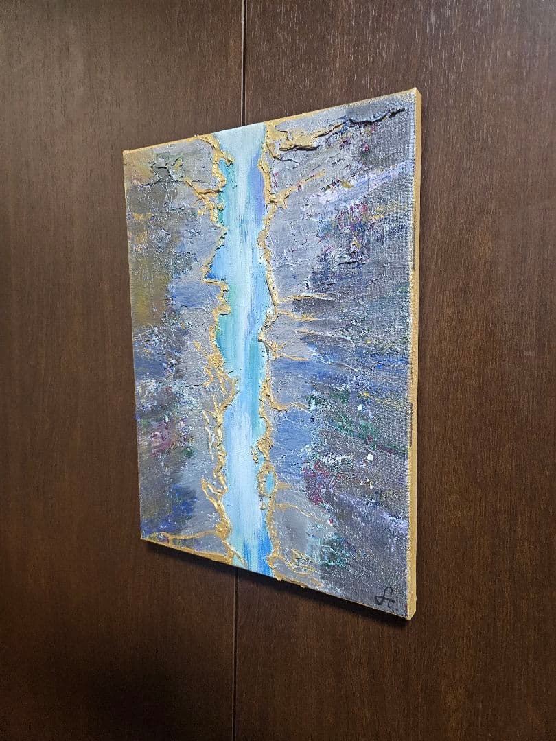 アートボード 抽象画「祈り」 青 グレー 金のアクセント