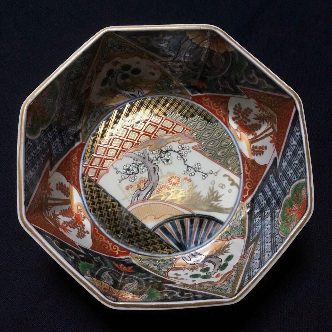 伊万里焼 色絵 草花紋様 八角 八寸深鉢 /骨董/時代物