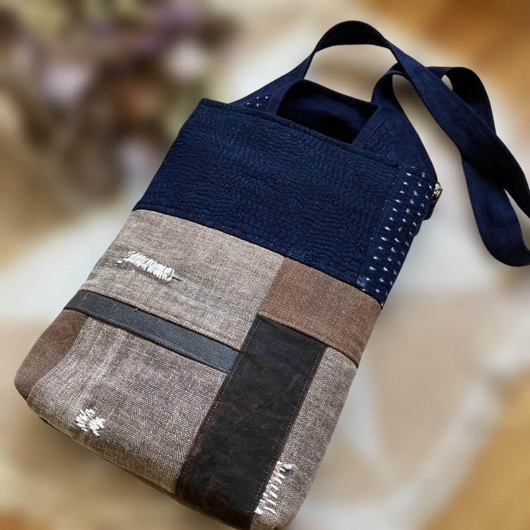 柿渋染め古布酒袋藍染め雪ん子庄内刺し子2way手提げポシェットリメイク手作り