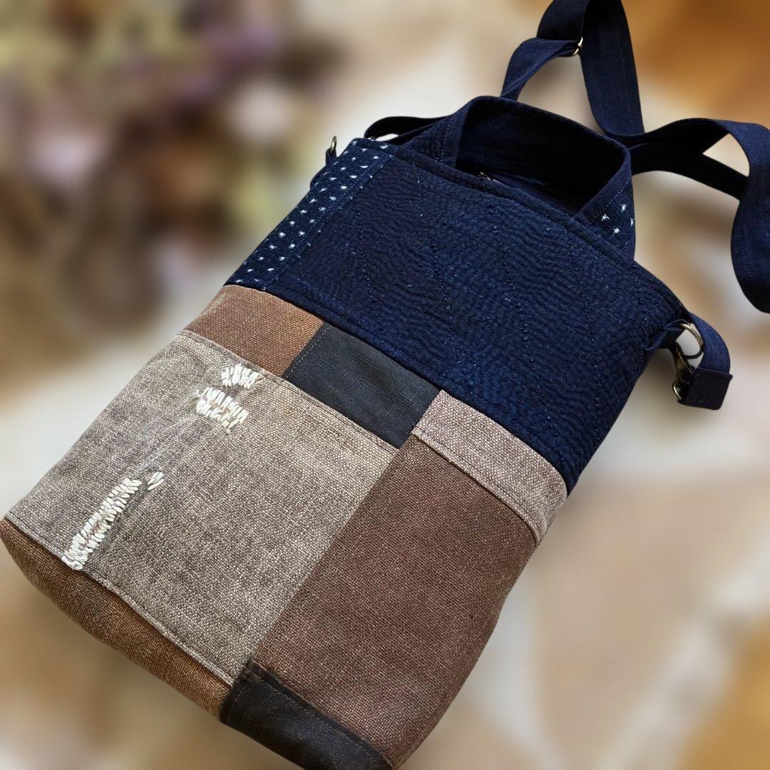 柿渋染め古布酒袋藍染め雪ん子庄内刺し子2way手提げポシェットリメイク手作り