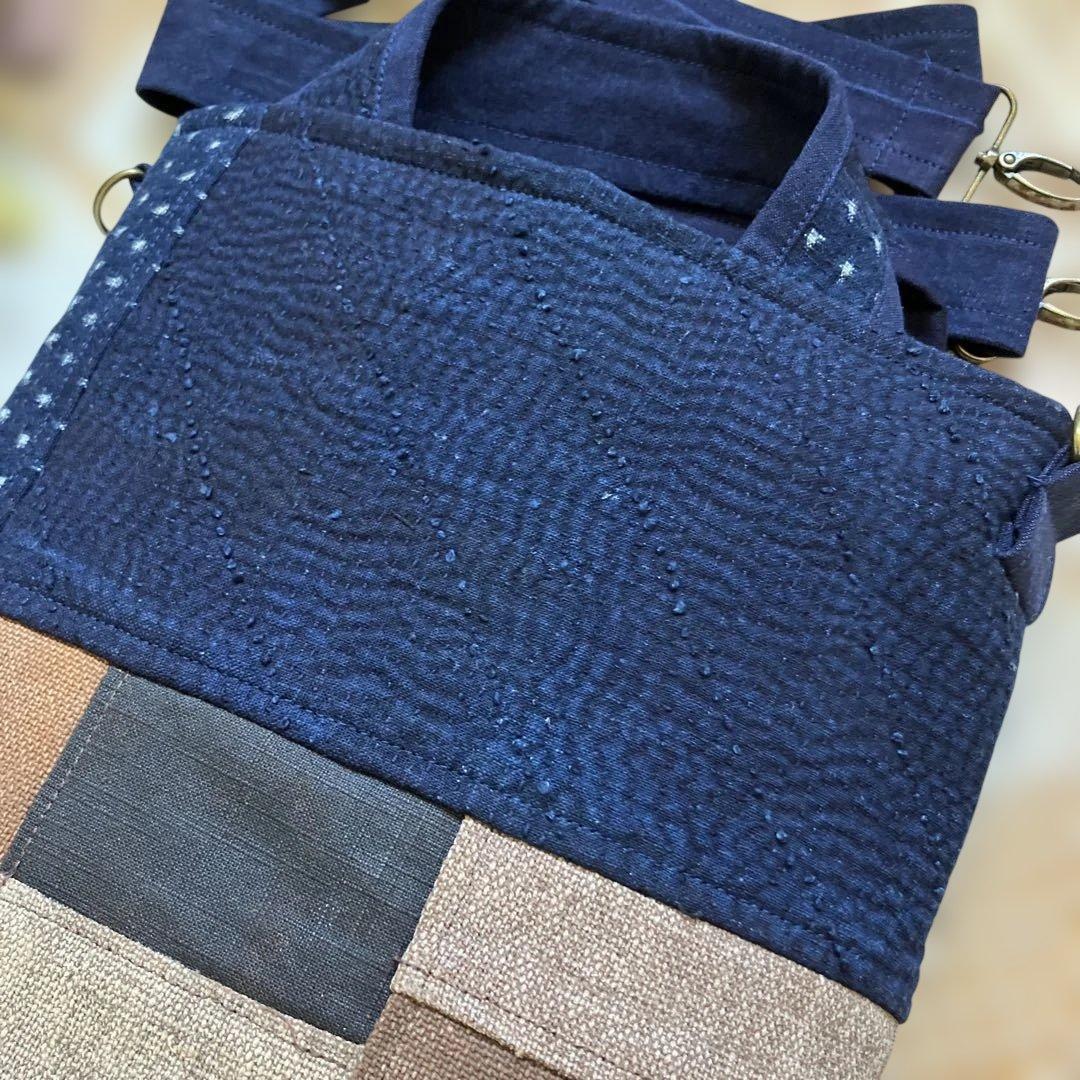 柿渋染め古布酒袋藍染め雪ん子庄内刺し子2way手提げポシェットリメイク手作り