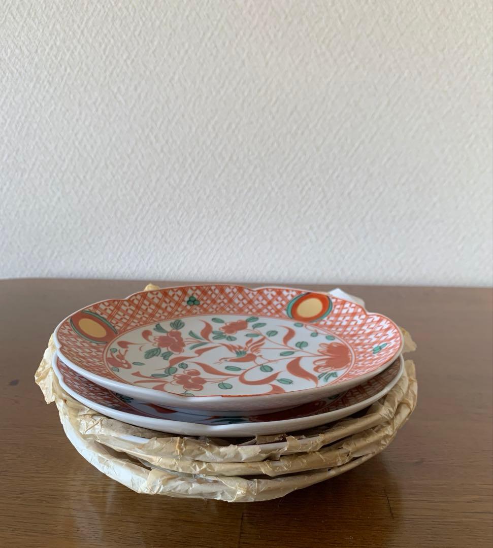 たち吉 呉須 赤絵花鳥柄 和皿　 輪花中皿５枚