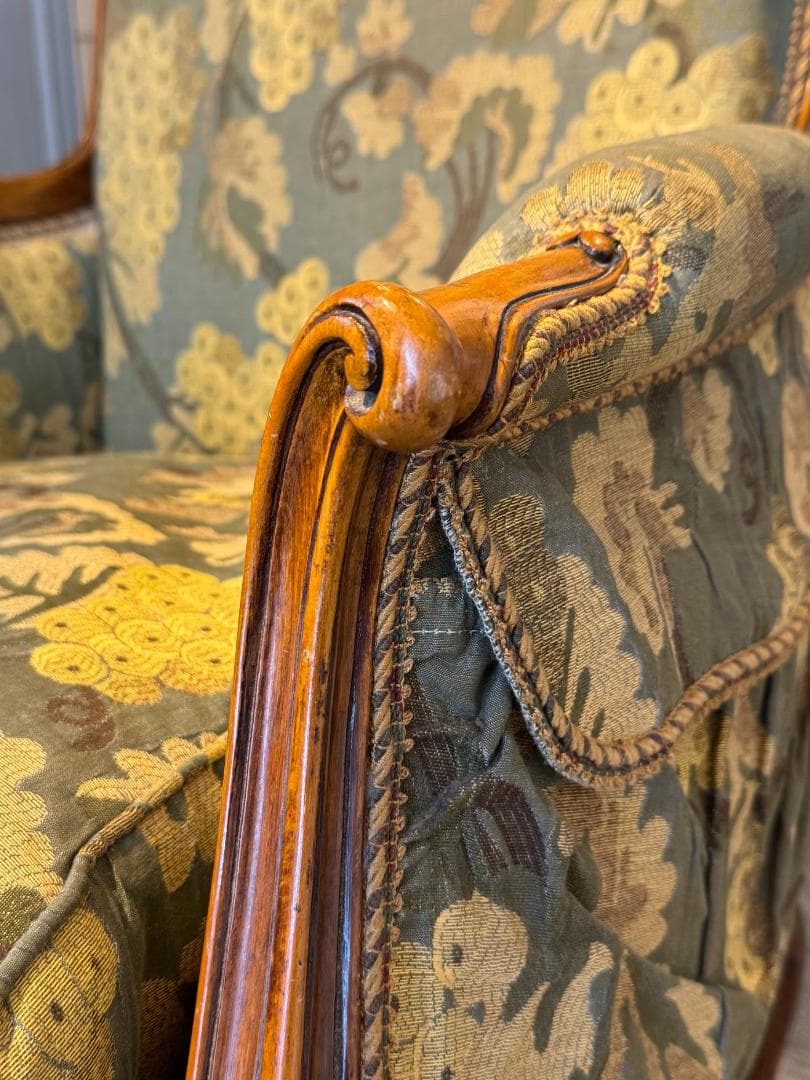 ハイバックアームチェア アンティーク 猫脚 グリーン系 1人掛けソファ イタリア