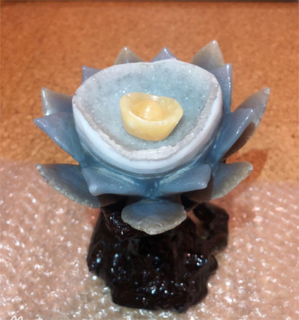 【極上品質 笑口瑪瑙】キラキラ* 蓮花 ジオード ロータス 彫刻 置き物