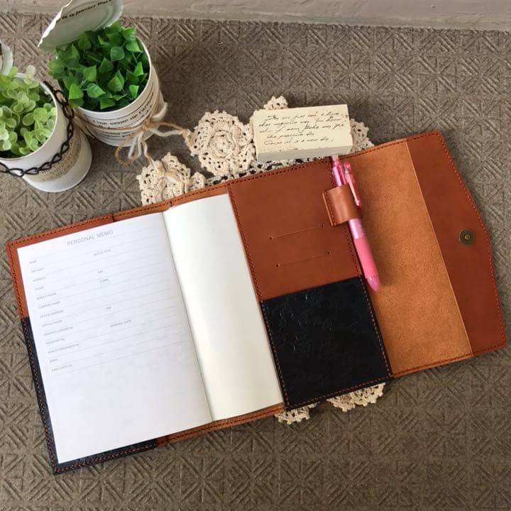 ご確認用 ヌメ革キャメルブラウン マリン柄と地図柄のA5フルカバー 手帳カバー