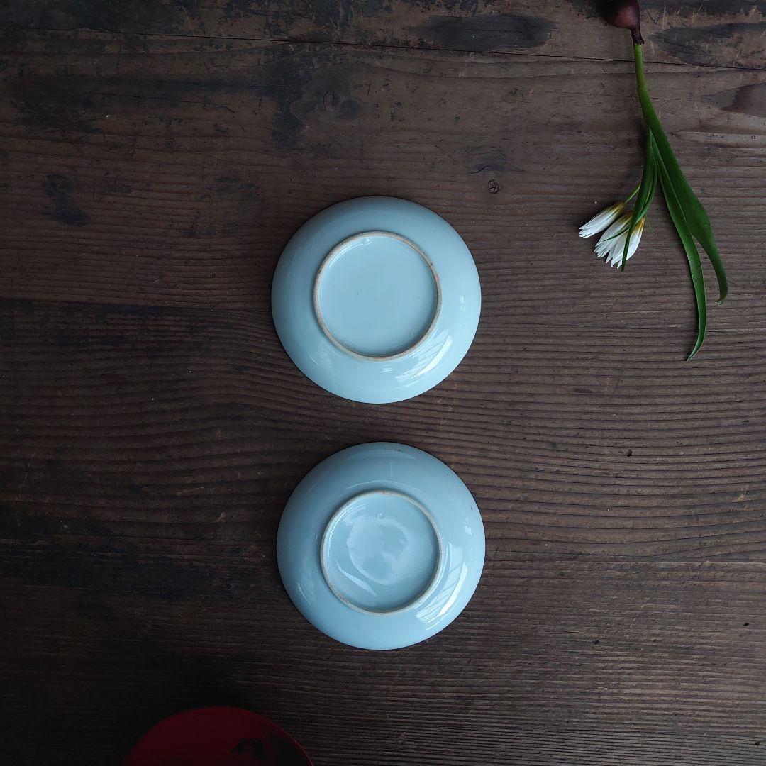 【ご成約】赤絵 印判 陰陽太極図 鶴に花蝶 2枚 骨董 アンティーク B