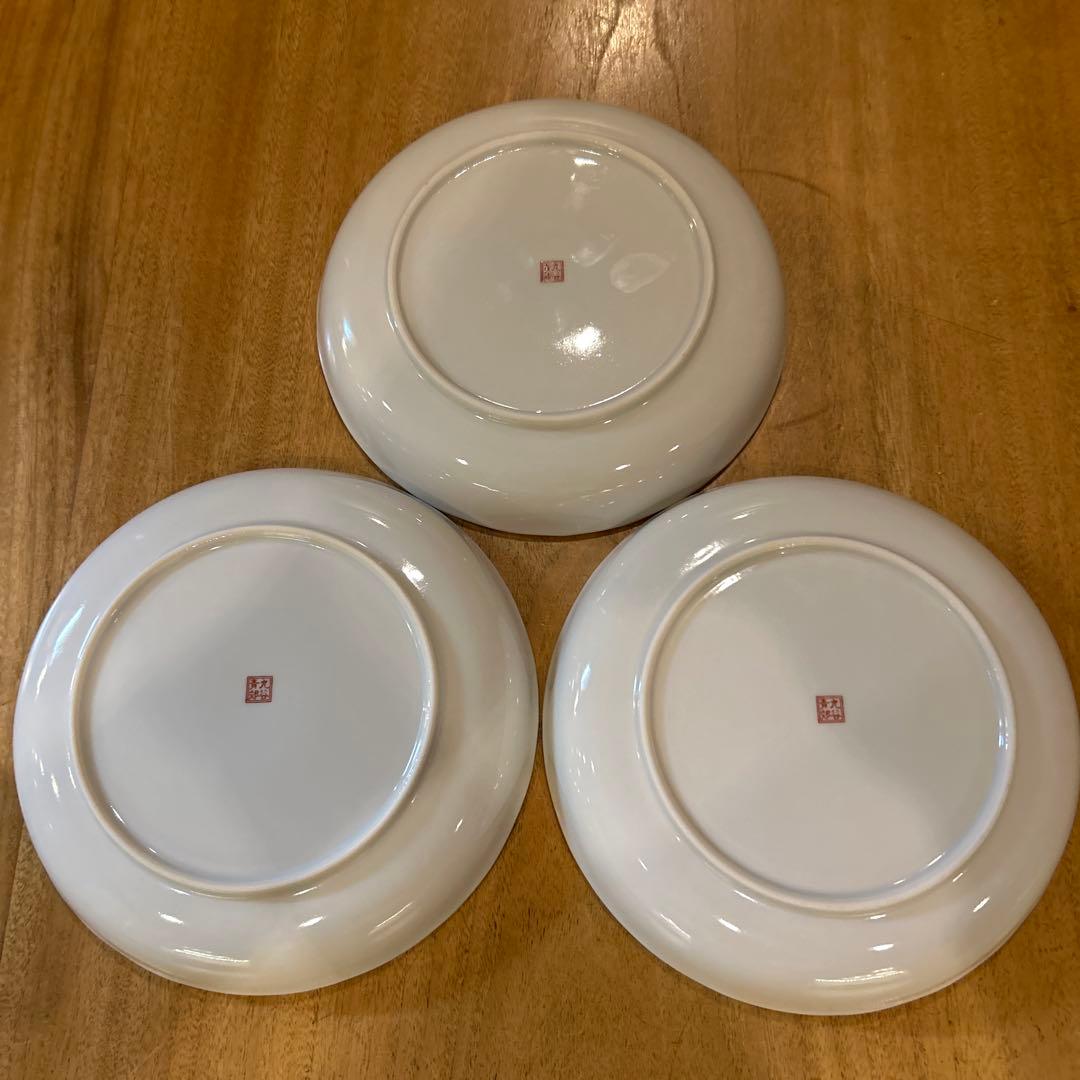 九谷焼 青郊窯 染付瓔珞紋花鳥皿　三枚