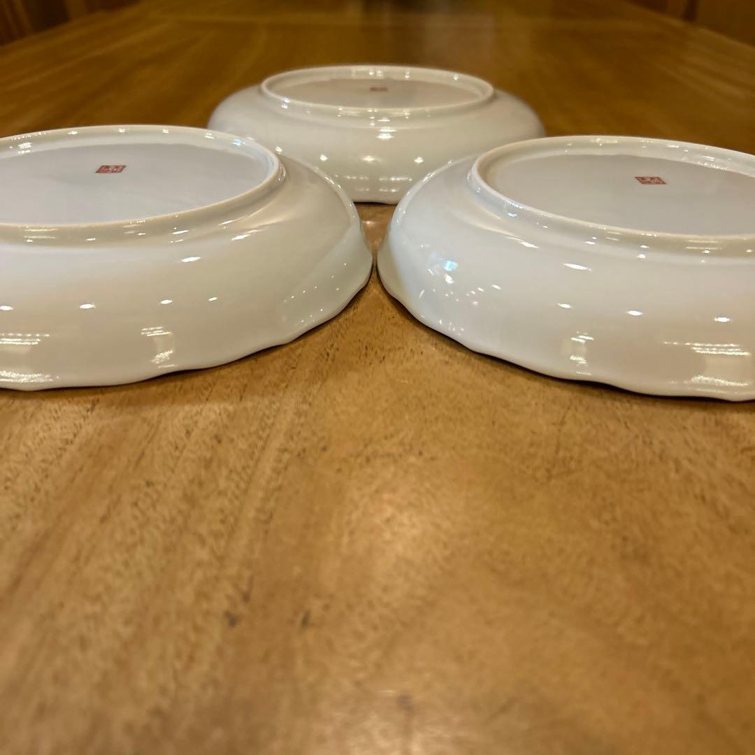 九谷焼 青郊窯 染付瓔珞紋花鳥皿　三枚