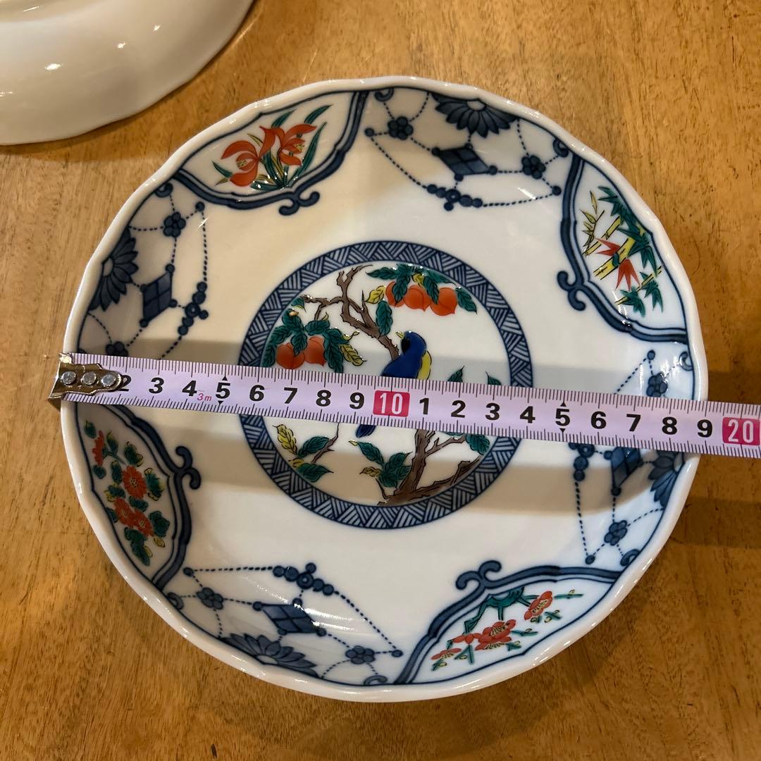 九谷焼 青郊窯 染付瓔珞紋花鳥皿　三枚