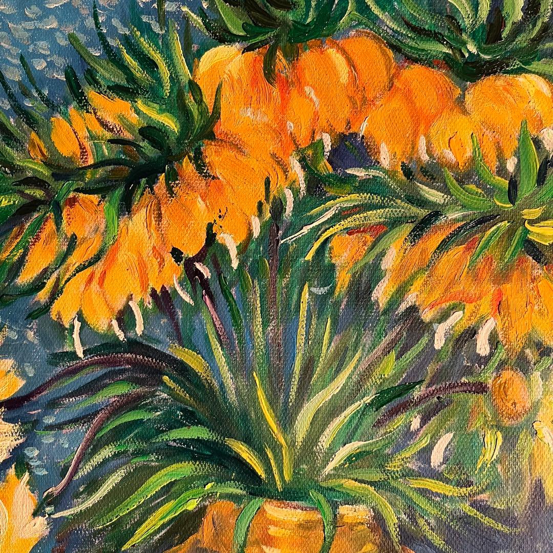 ★秀作★ 手書き油絵 ゴッホ 銅の花瓶のアミガサユリ 額付 肉筆絵画 油彩画