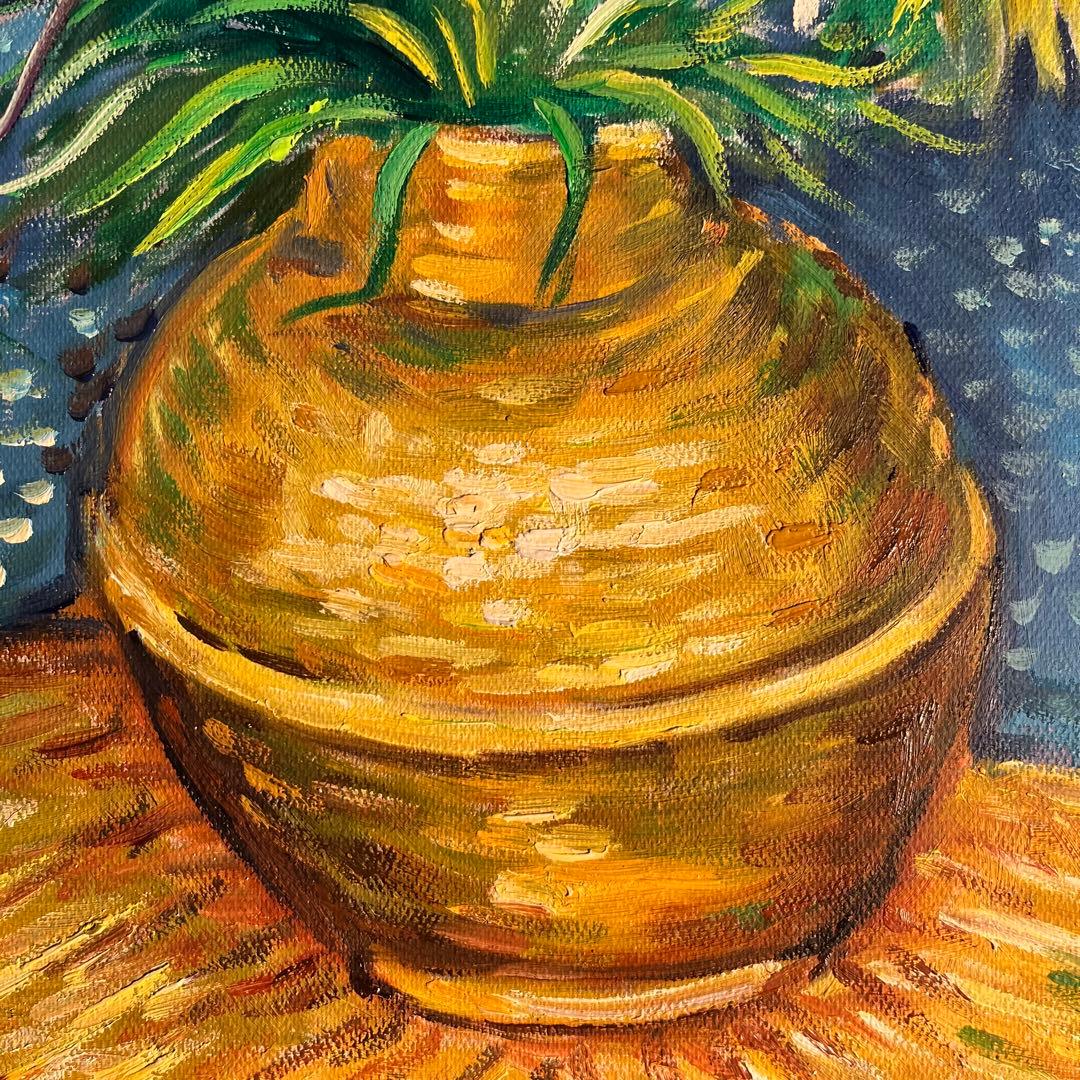 ★秀作★ 手書き油絵 ゴッホ 銅の花瓶のアミガサユリ 額付 肉筆絵画 油彩画