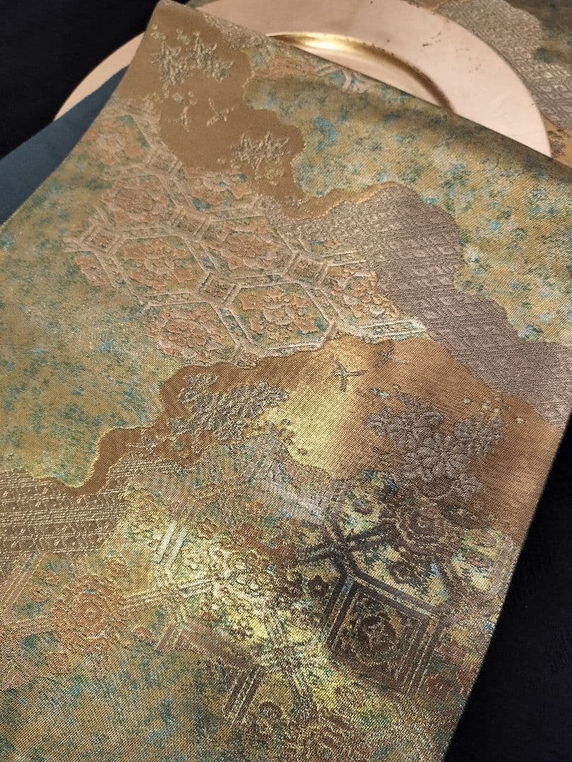 A362★高級‼️緑黄金‼️袋帯テーブルランナー2ｍ