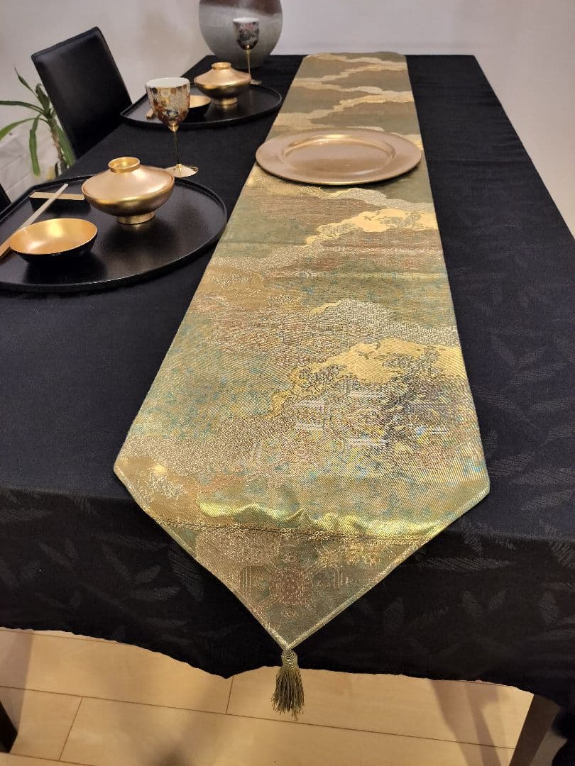 A362★高級‼️緑黄金‼️袋帯テーブルランナー2ｍ