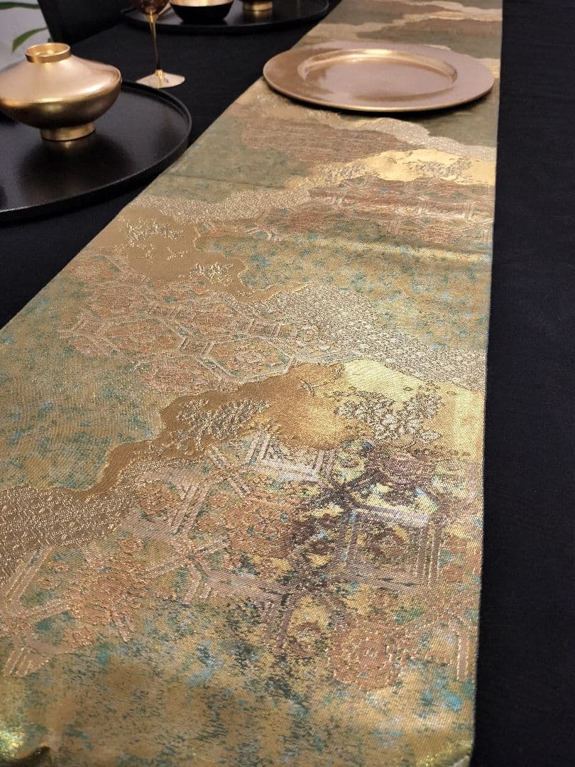 A362★高級‼️緑黄金‼️袋帯テーブルランナー2ｍ