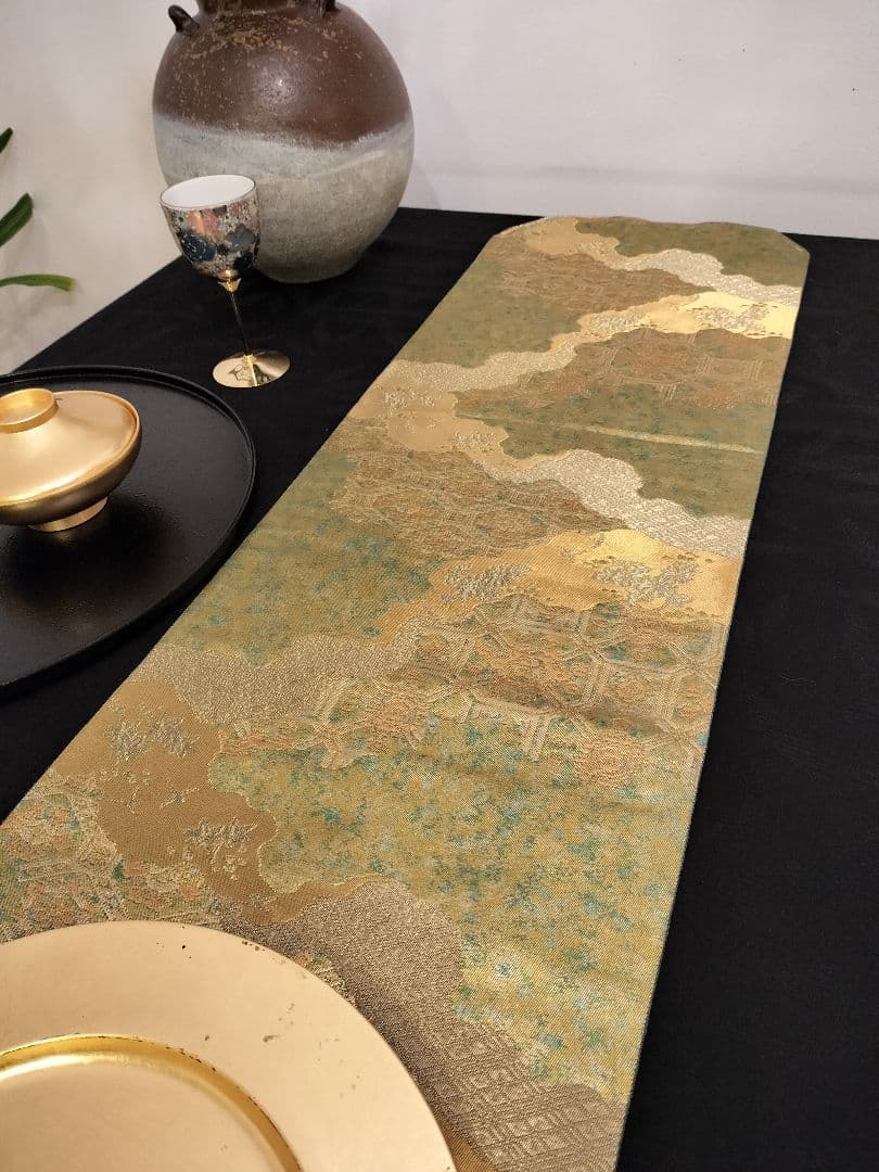 A362★高級‼️緑黄金‼️袋帯テーブルランナー2ｍ