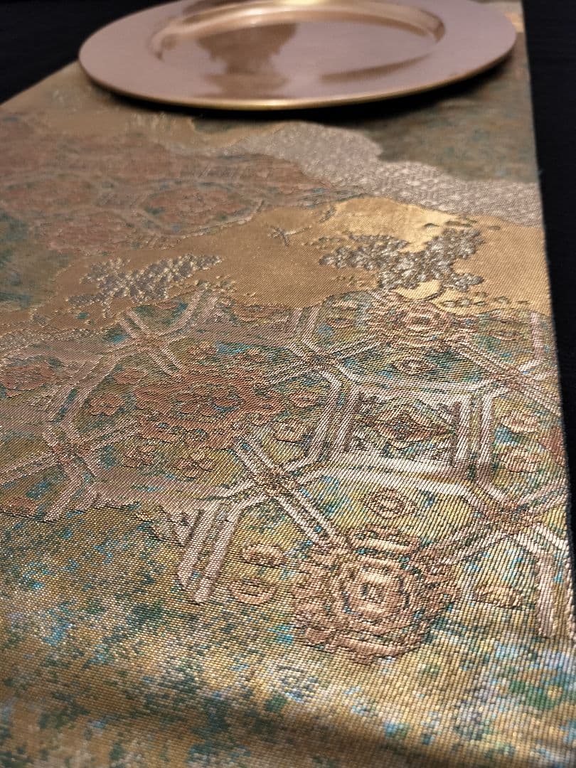 A362★高級‼️緑黄金‼️袋帯テーブルランナー2ｍ