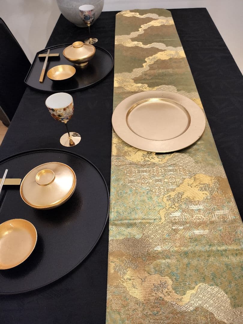 A362★高級‼️緑黄金‼️袋帯テーブルランナー2ｍ