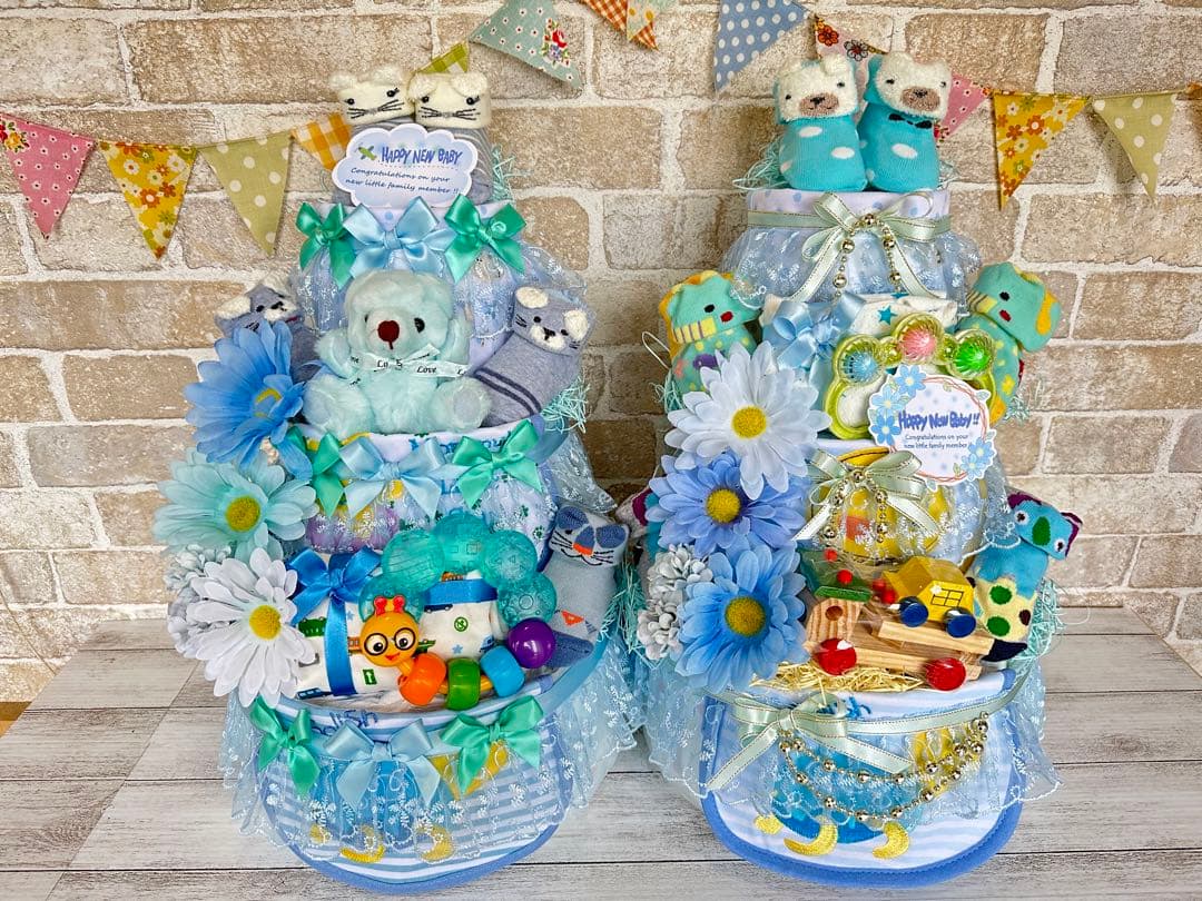 おむつケーキ・3段・男の子・水色・特大