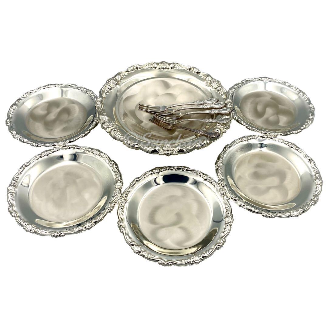 【未使用品】 銀皿 パールシルバー 盛り皿1枚 銘々皿5枚 フォーク5本セット