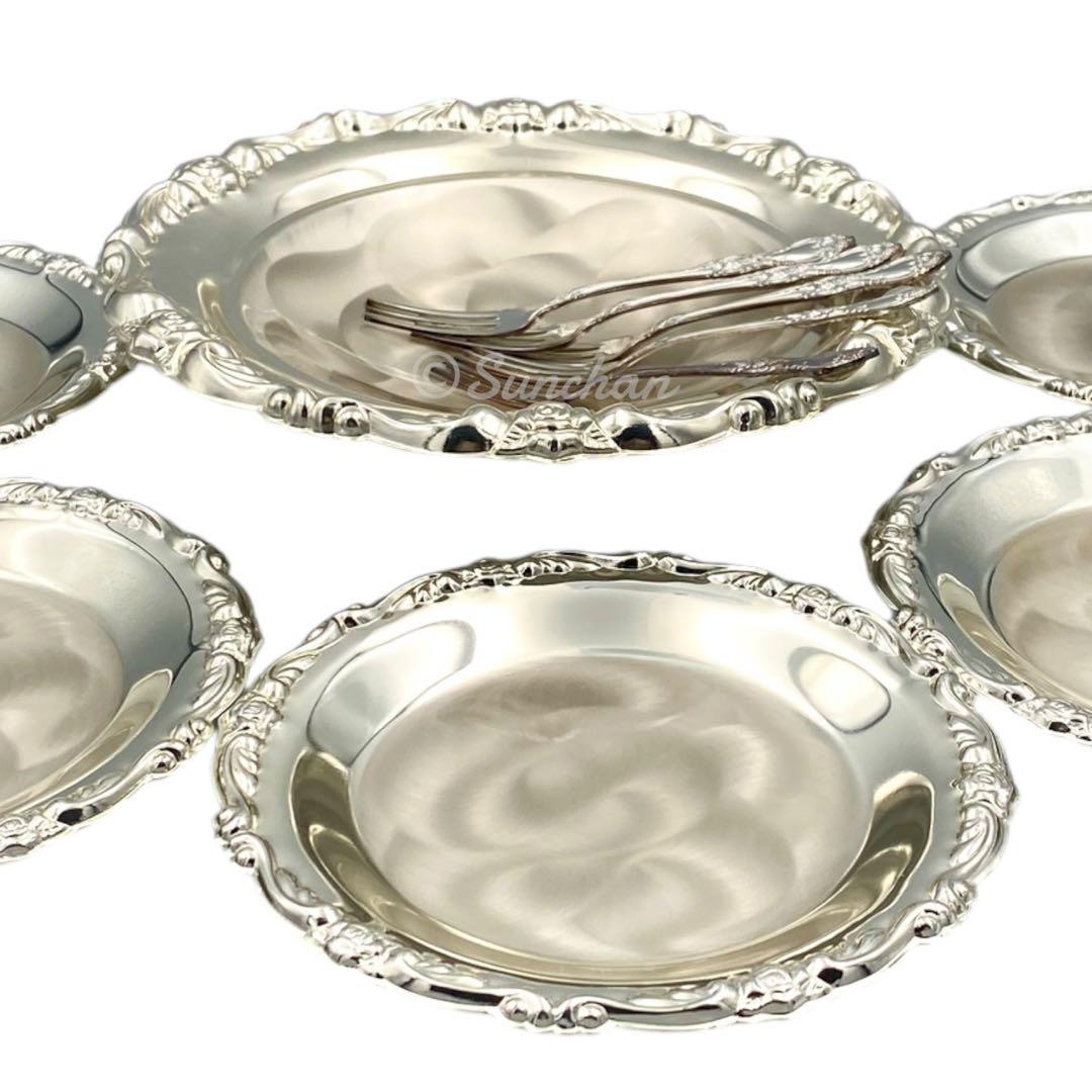 【未使用品】 銀皿 パールシルバー 盛り皿1枚 銘々皿5枚 フォーク5本セット