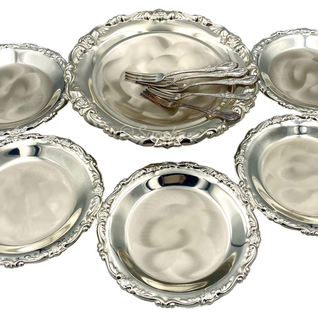 【未使用品】 銀皿 パールシルバー 盛り皿1枚 銘々皿5枚 フォーク5本セット