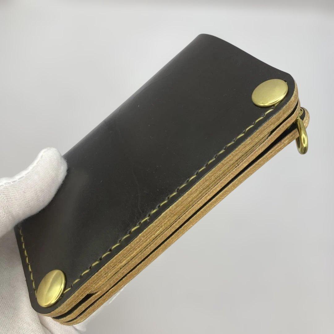 値下【無骨x上質 お札折らず収納】 丘染めブラック ミドルトラッカーウォレット