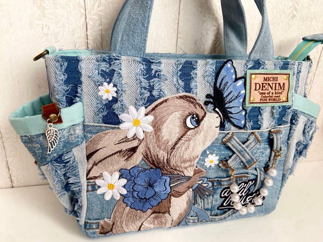デニムリメイクバッグS うさぎと蝶々