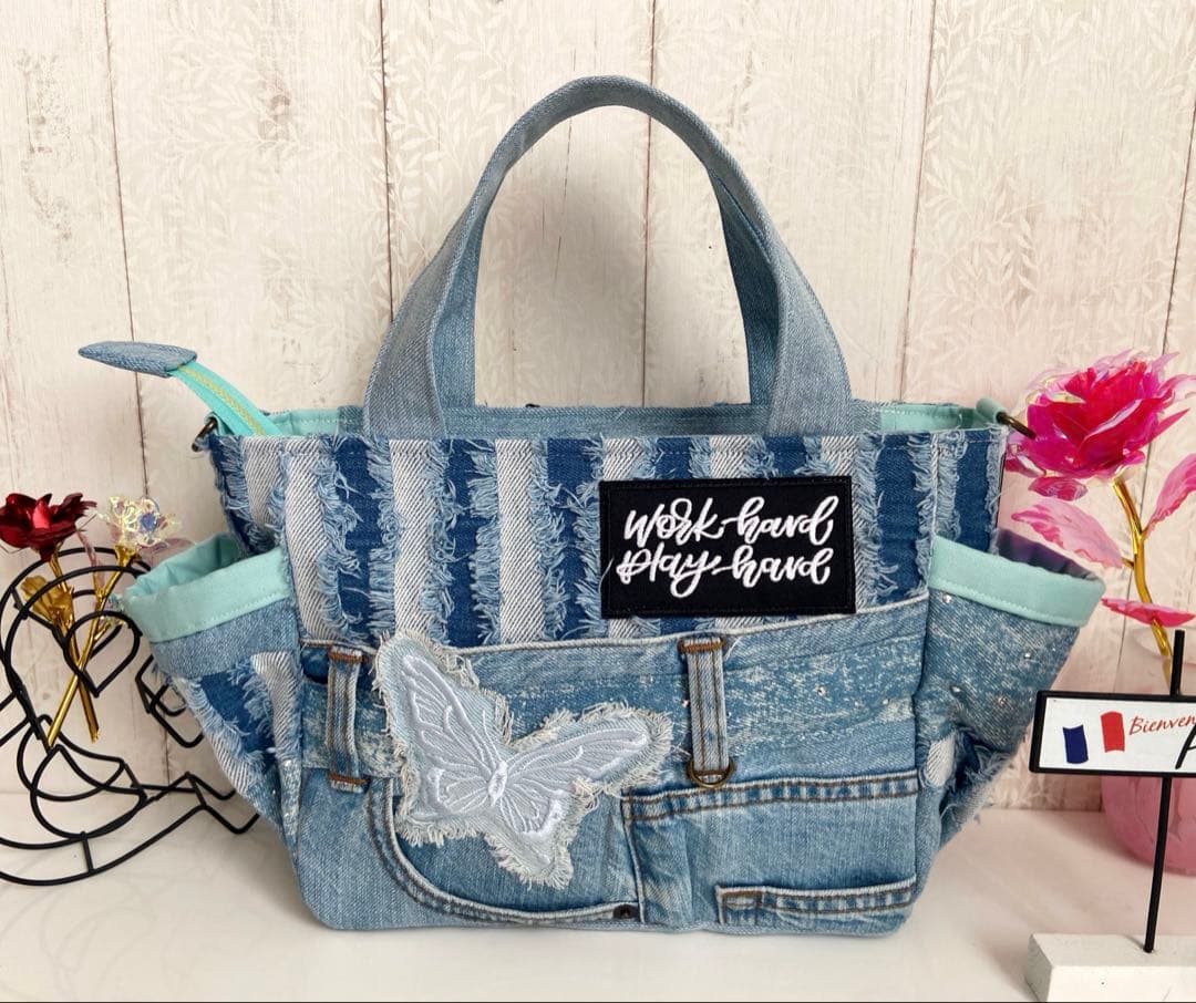 デニムリメイクバッグS うさぎと蝶々