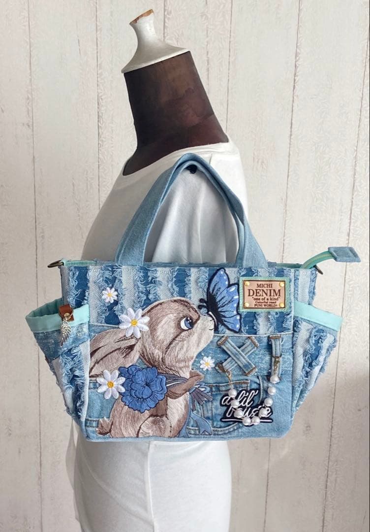 デニムリメイクバッグS うさぎと蝶々