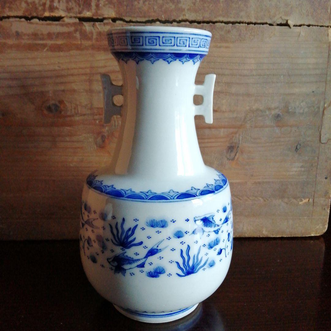 瀬戸焼　河本礫亭　染付双耳花入　20cm