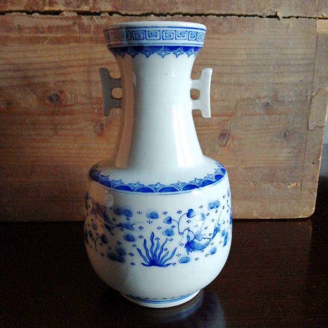 瀬戸焼　河本礫亭　染付双耳花入　20cm