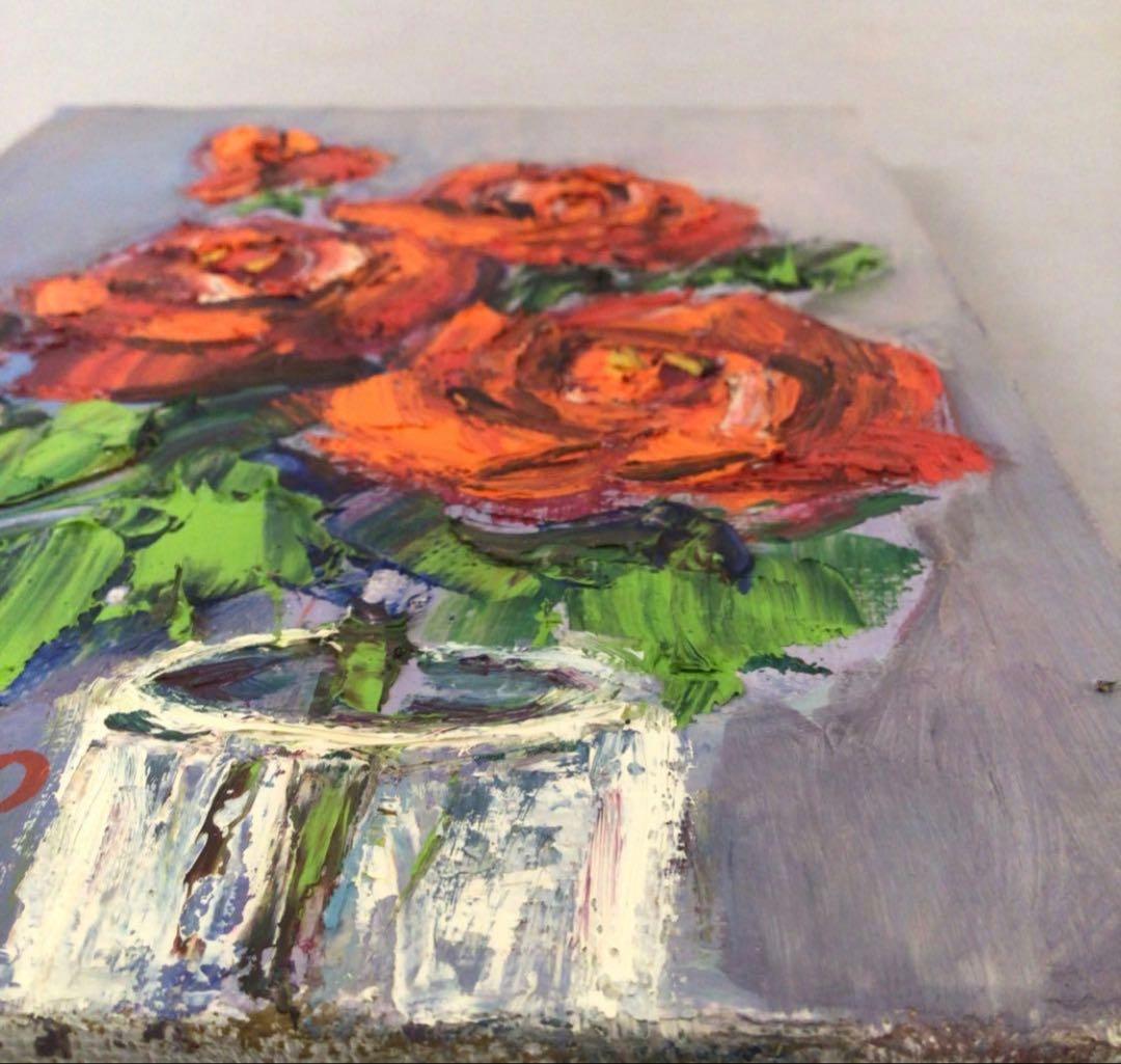 No3888 額装　真作　金原富広「バラ」　2000年 油彩画　裏書有 送料無料