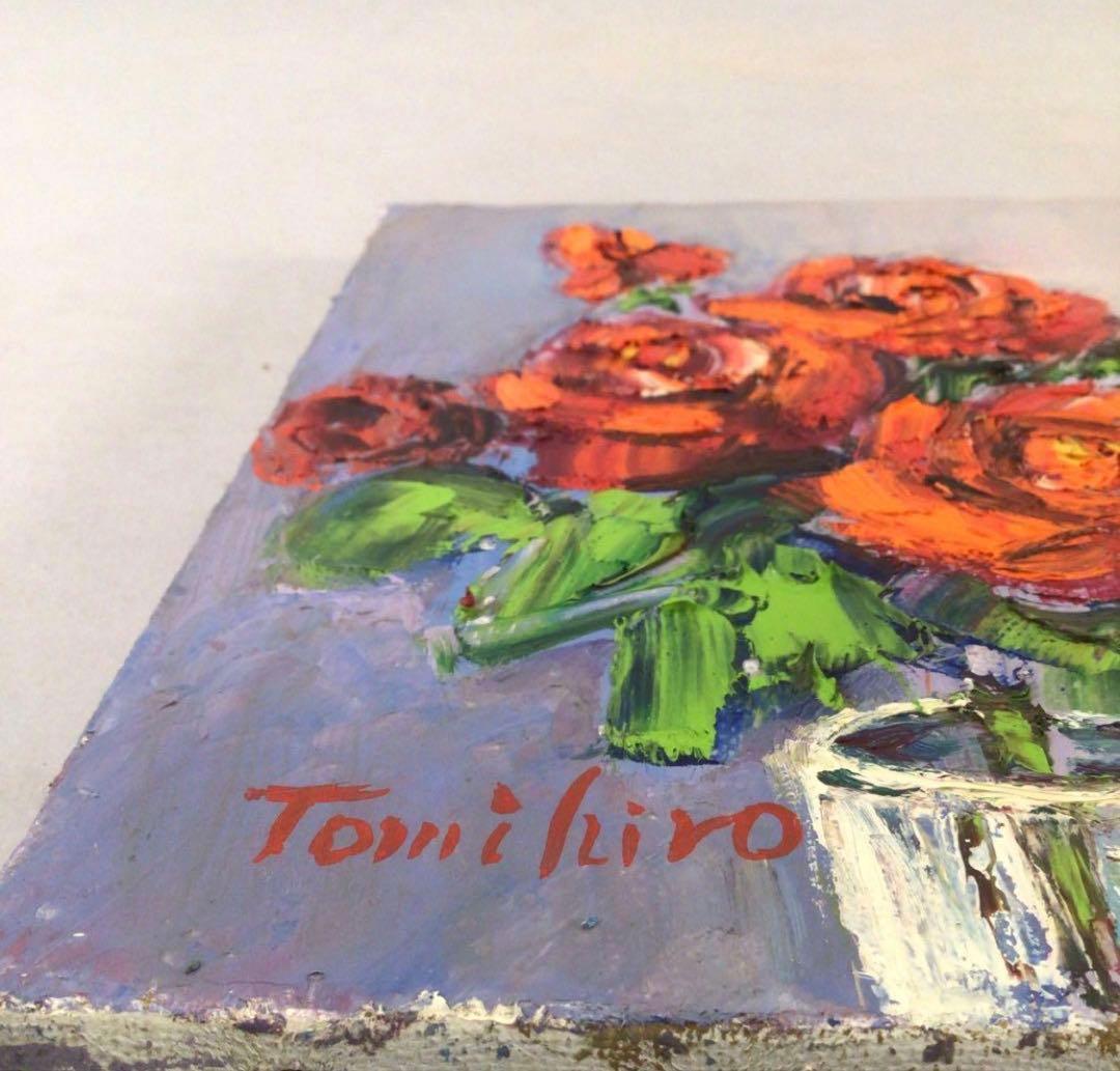 No3888 額装　真作　金原富広「バラ」　2000年 油彩画　裏書有 送料無料