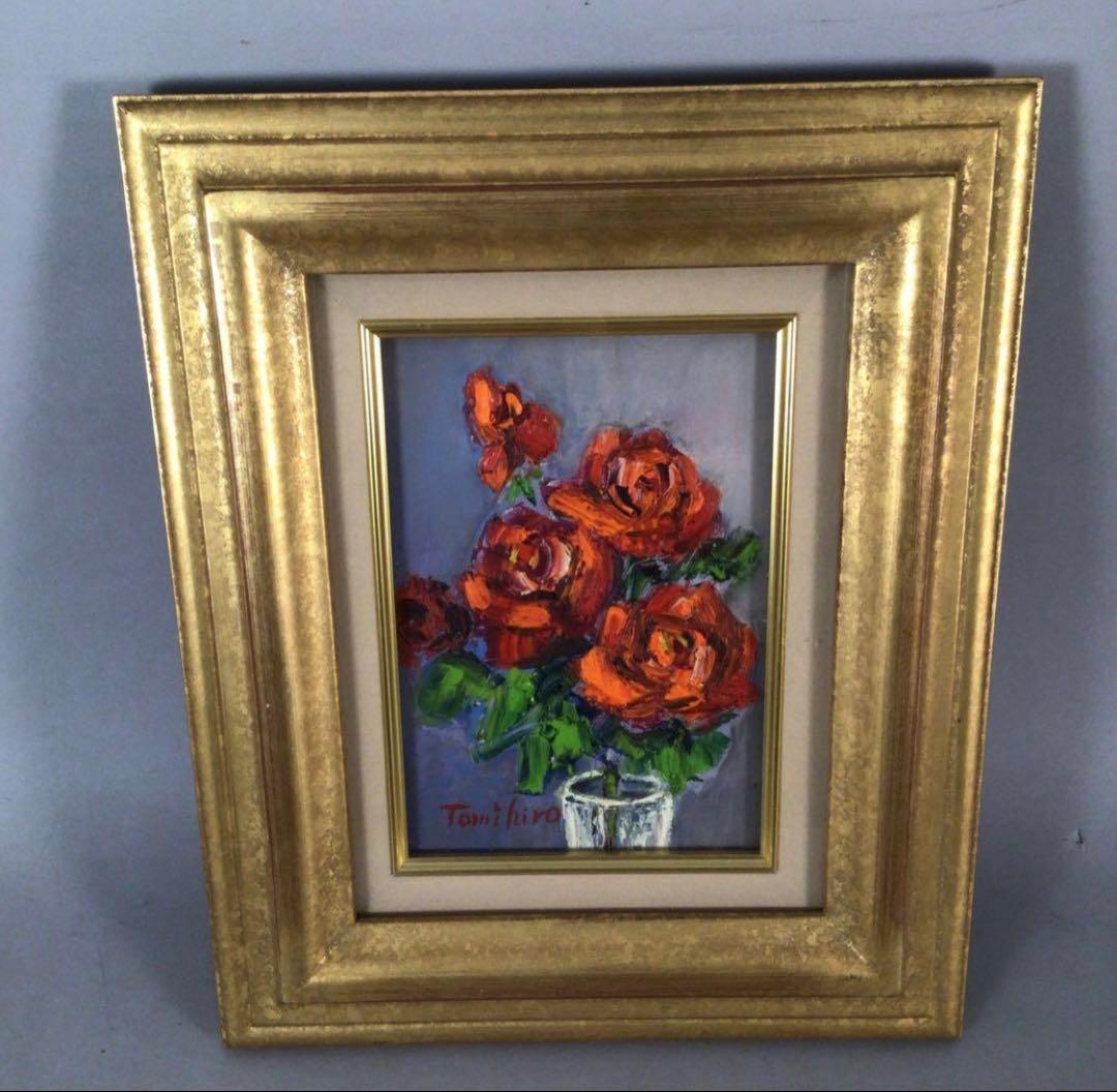 No3888 額装　真作　金原富広「バラ」　2000年 油彩画　裏書有 送料無料
