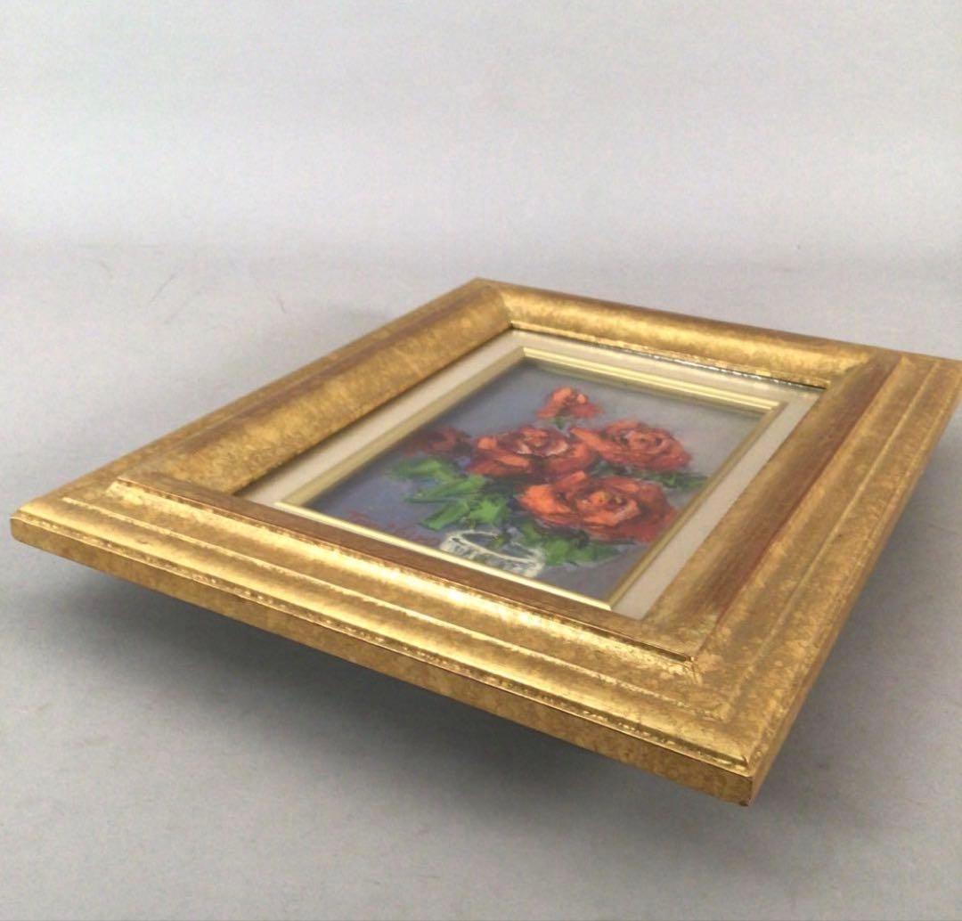 No3888 額装　真作　金原富広「バラ」　2000年 油彩画　裏書有 送料無料