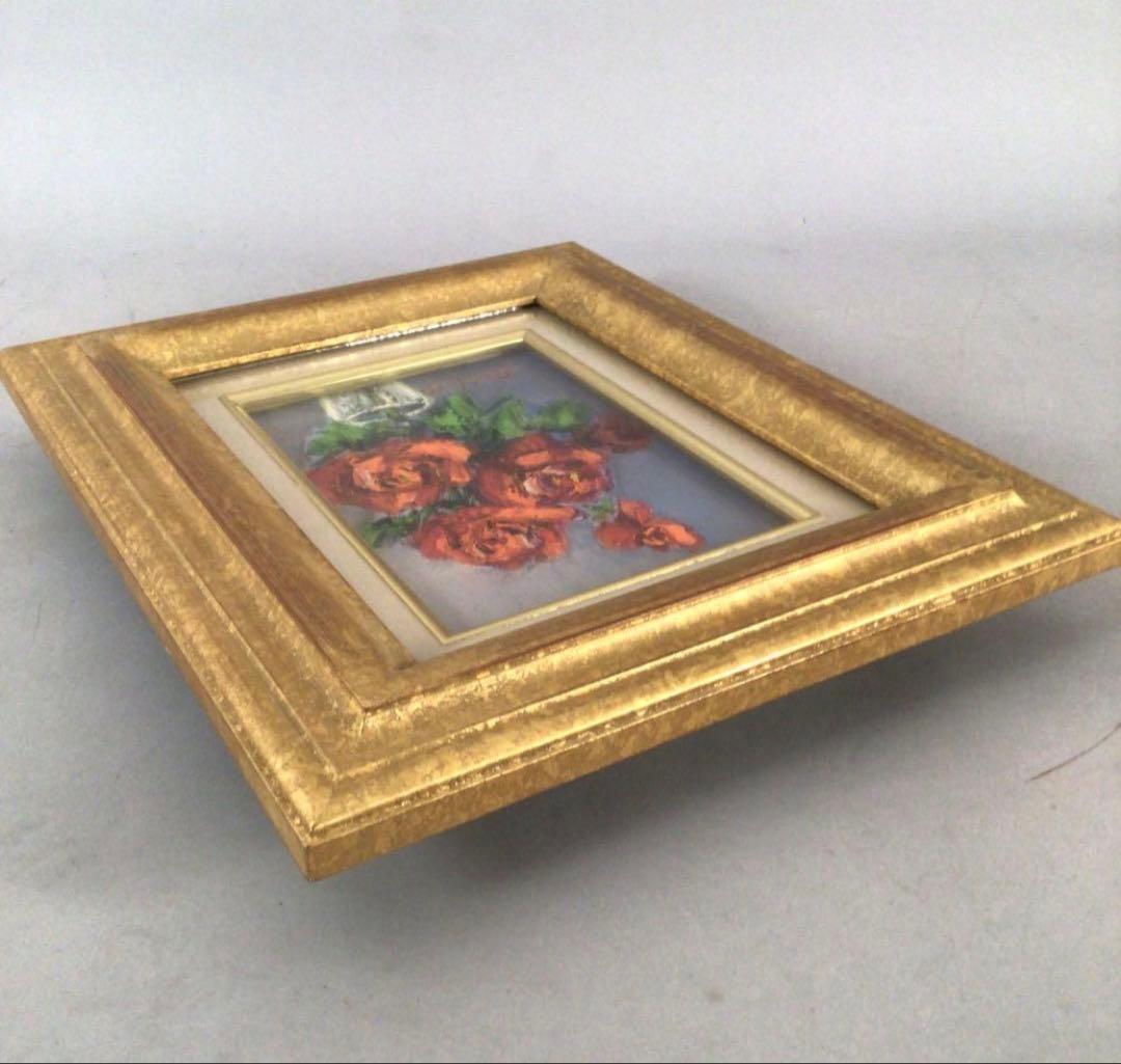 No3888 額装　真作　金原富広「バラ」　2000年 油彩画　裏書有 送料無料