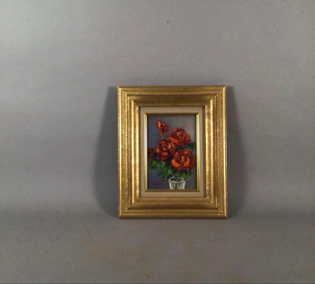 No3888 額装　真作　金原富広「バラ」　2000年 油彩画　裏書有 送料無料