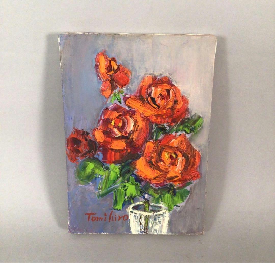 No3888 額装　真作　金原富広「バラ」　2000年 油彩画　裏書有 送料無料