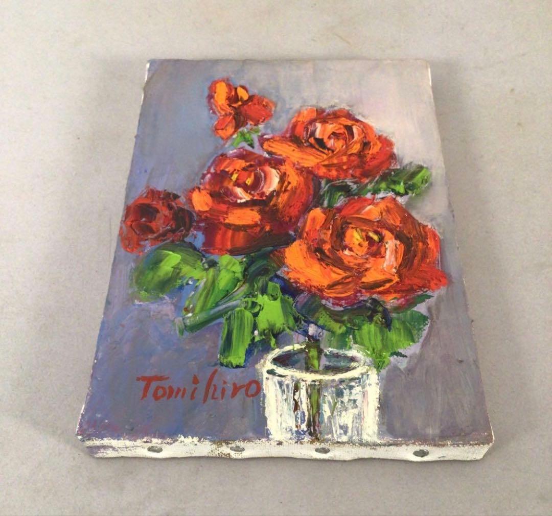 No3888 額装　真作　金原富広「バラ」　2000年 油彩画　裏書有 送料無料