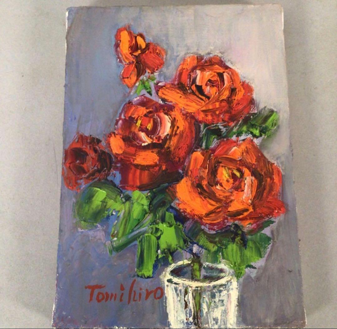 No3888 額装　真作　金原富広「バラ」　2000年 油彩画　裏書有 送料無料