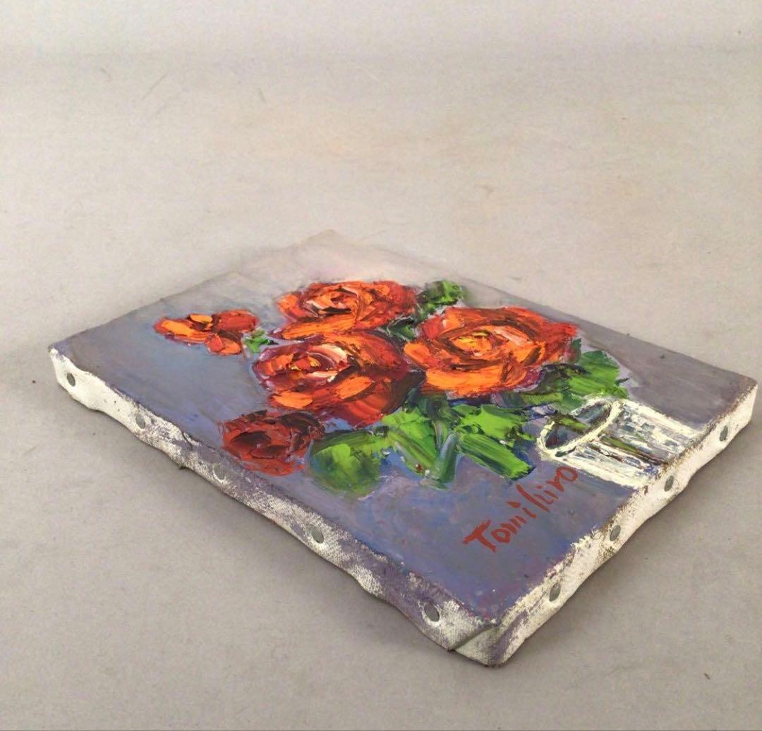 No3888 額装　真作　金原富広「バラ」　2000年 油彩画　裏書有 送料無料