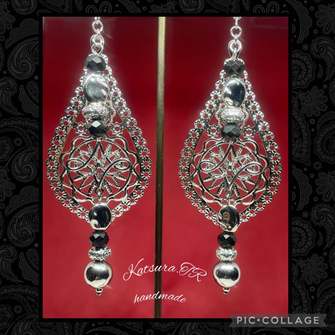 No.1188 シルバー透かししずく大ぶりピアス　ロングピアス 大ぶりイヤリング