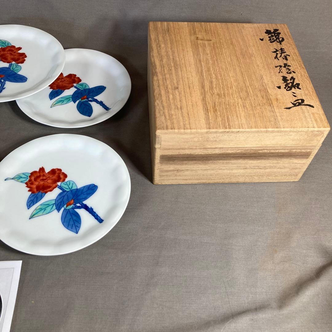 【今右衛門】色鍋島の伝統　人間国宝　十三代今泉今右衛門作　錦椿絵　銘々皿五枚揃
