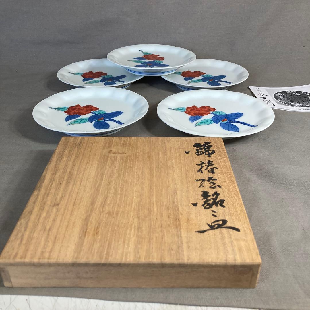 【今右衛門】色鍋島の伝統　人間国宝　十三代今泉今右衛門作　錦椿絵　銘々皿五枚揃