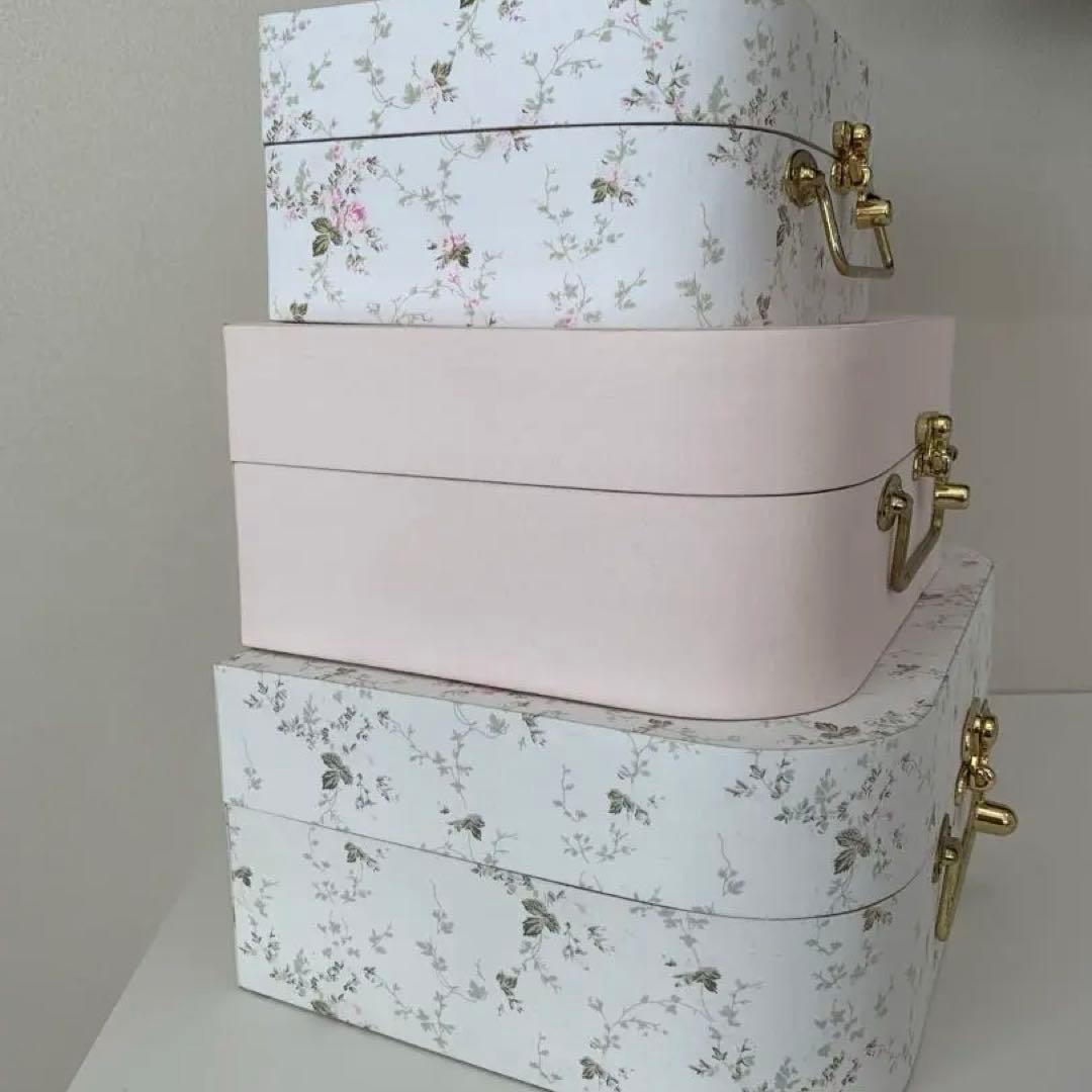 布張り木製ボックス 3個セット（フローラル柄 & ピンク）